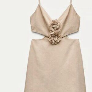 ZARA  Women's Floral Cut Out Dress Tan Adjustable Straps